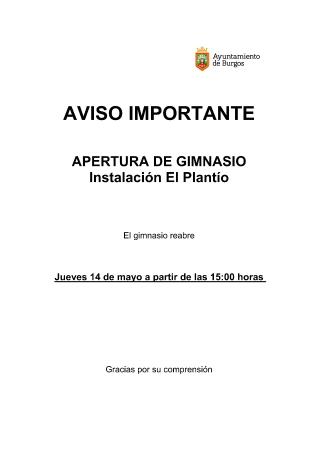 Imagen AVISO REAPERTURA GIMNASIO EL PLANTÍO