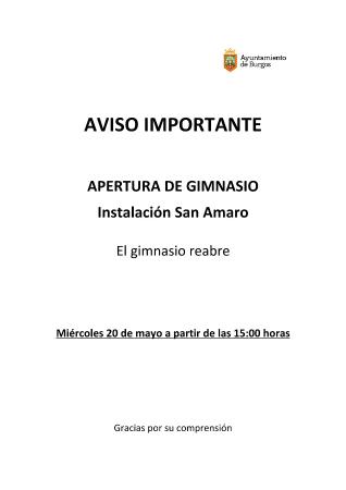 Imagen AVISO REAPERTURA GIMNASIO SAN AMARO