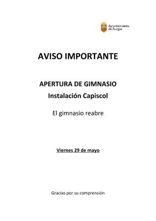 Imagen AVISO REAPERTURA GIMNASIO CAPISCOL