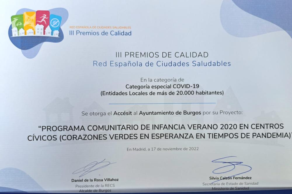 Imagen 17/11/2022 El Ayuntamiento de Burgos recibe un accésit en los III premios de Calidad de la Red Española de Ciudades Saludables por su programa de verano de los Centros Cívicos 2020